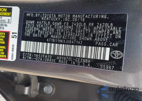 2018 Toyota Camry Le from USA, damaged, VIN 4T1B11HKXJU647142